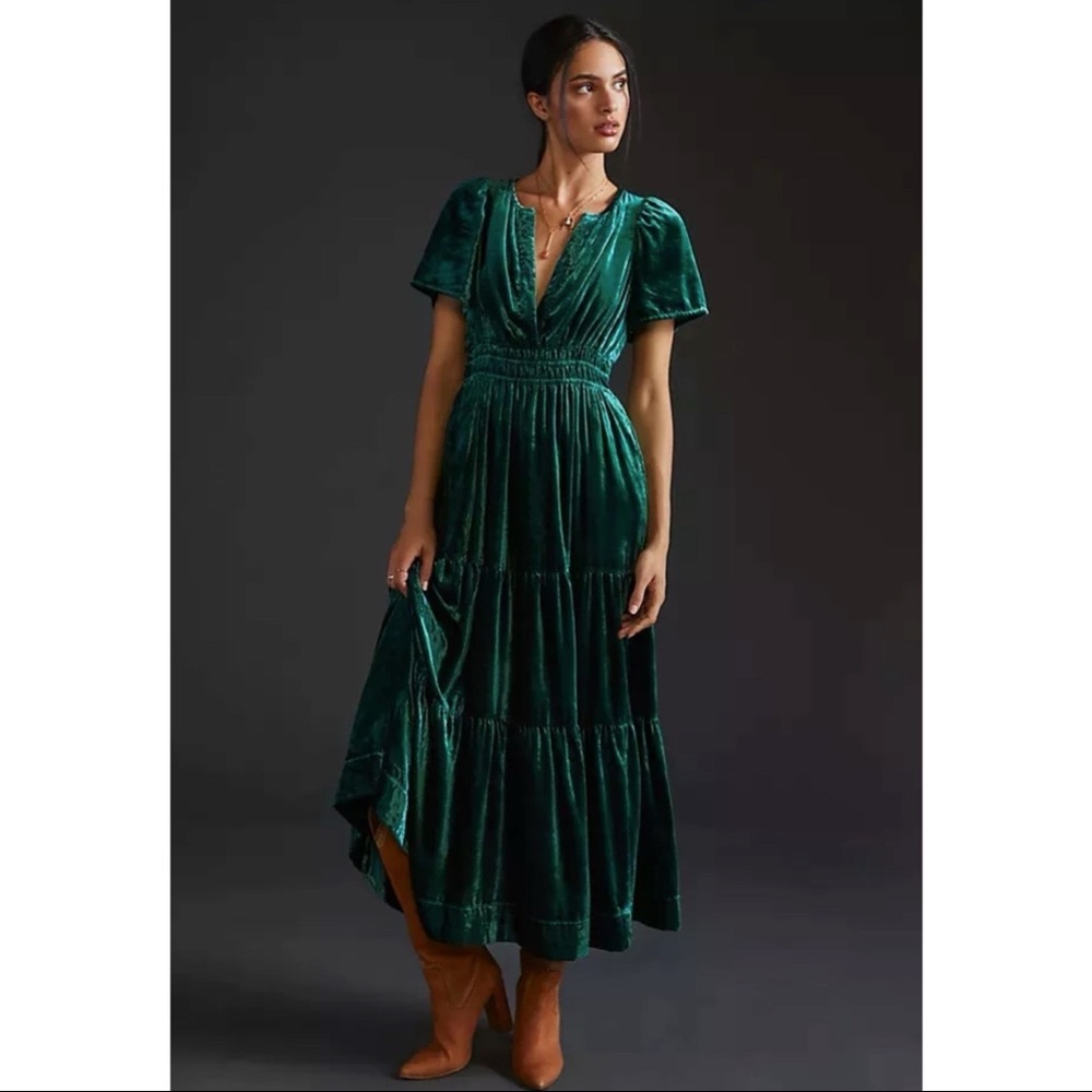 Anthropologie Somerset Maxi Velvet Dress Long Tiered Babydoll Holly Green NWT M